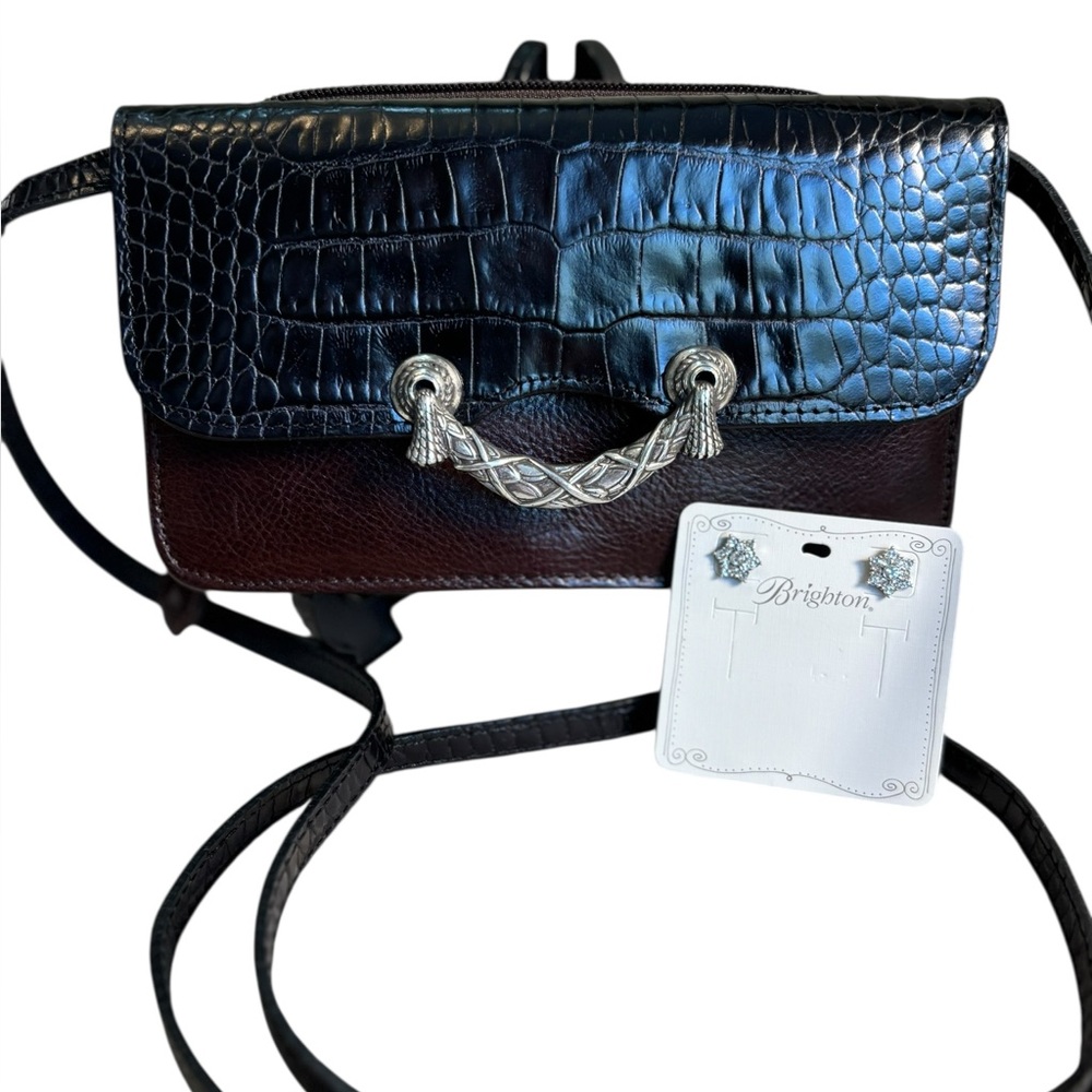 Brighton Black and Brown Croc-Embossed Crossbody Bag- Earrings bundle